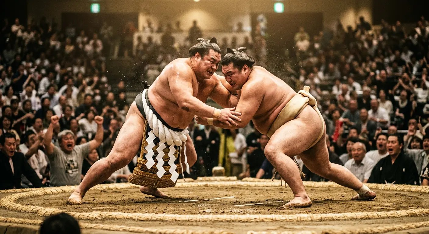 Sumo wrestlers clashing on a traditional dohyō ring